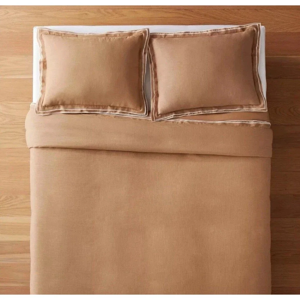 King Double Flange Merrow Stitch Duvet Cover & Sham Set Camel/Off-White NEW